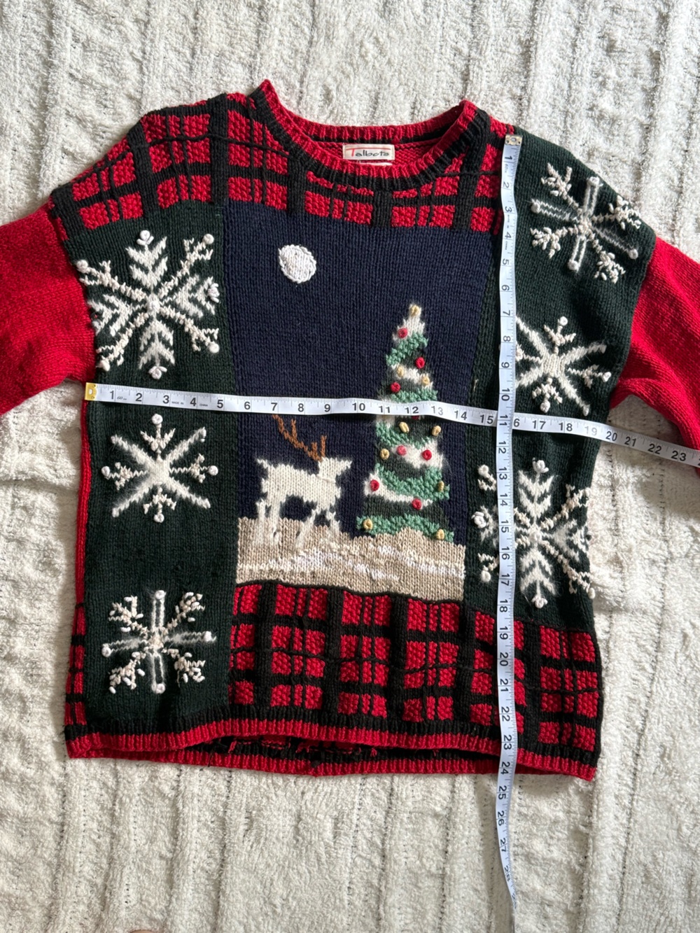 Talbots Blue Red Christmas Sweater Reindeer Snowflake Patchwork Size Medium - Picture 7 of 14